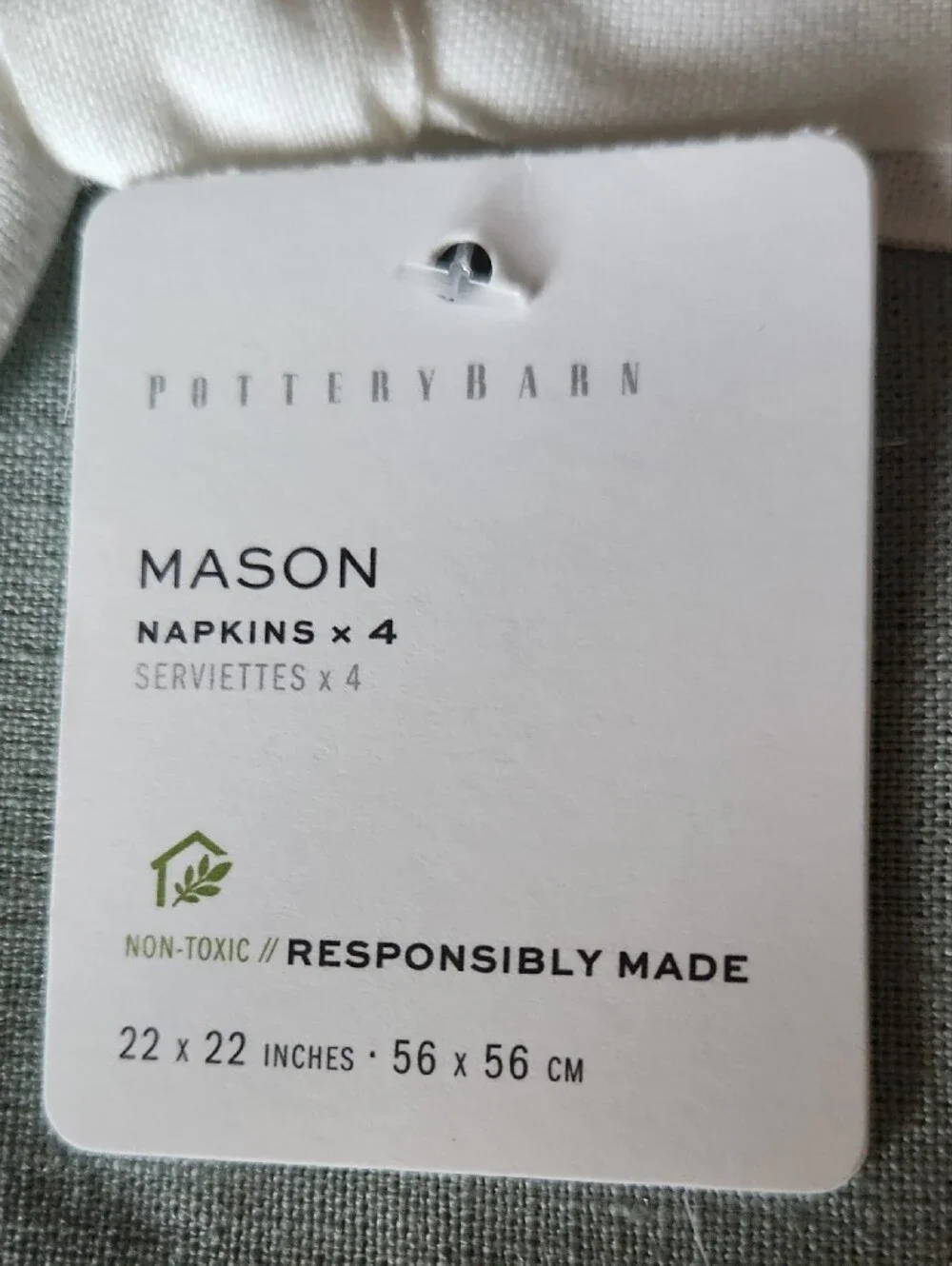 Pottery Barn Mason Linen Napkins in Sage, Brand New Set Of 4